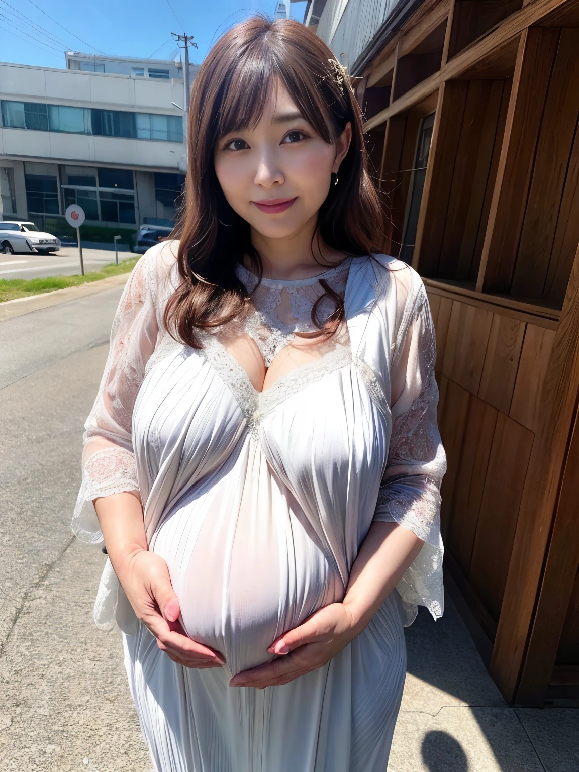 50-year-old woman、Japanese、Classy sex appeal、sexy、Transparent skin、Perfect Lighting、Beauty、Radiant Skin、Transparent beauty、Goddess of Eros、((pregnant))、8K High Resolution、Beauty in natural light、High resolution、Photorealistic、Fair skin、Masterpiece、Moist eyes、Saggy udder、gravure quality、smile、Building district、office lady、Wearing a business suit、walking、