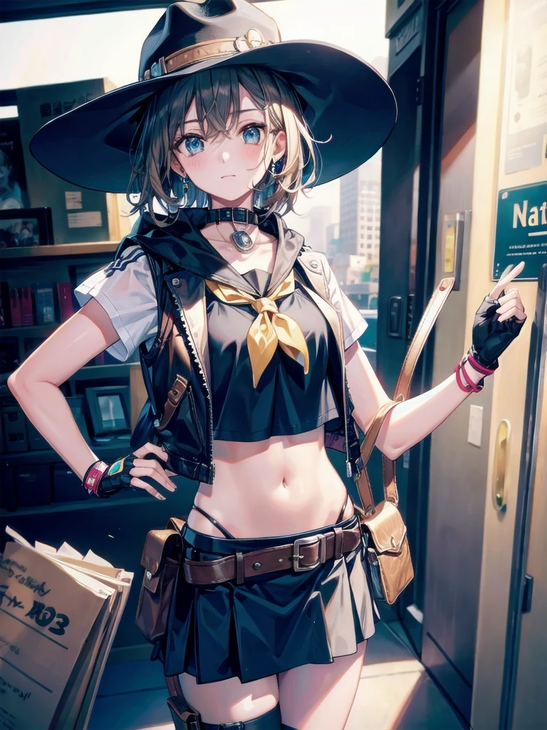 goggles, cowgirl costume, vest, cowboy hat, fingerless gloves, midriff, neckerchief, short skirt, holster, absurdres, RAW photo, extremely delicate and beautiful, masterpiece, Best Quality, ultra high resolution, 32k, hyperrealistic, ultra-detailed, perfect figure, tearful mole, earring, whole body shot, short medium hair, wavy hair,