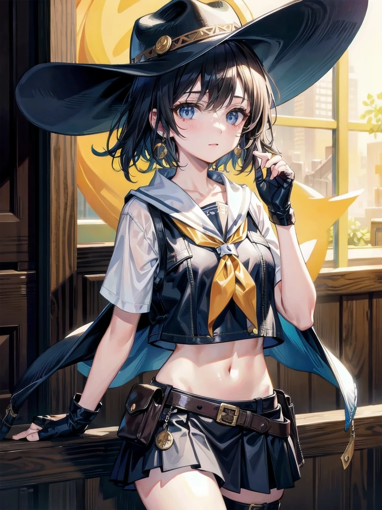 goggles, cowgirl costume, vest, cowboy hat, fingerless gloves, midriff, neckerchief, short skirt, holster, absurdres, RAW photo, extremely delicate and beautiful, masterpiece, Best Quality, ultra high resolution, 32k, hyperrealistic, ultra-detailed, perfect figure, tearful mole, earring, whole body shot, short medium hair, wavy hair,