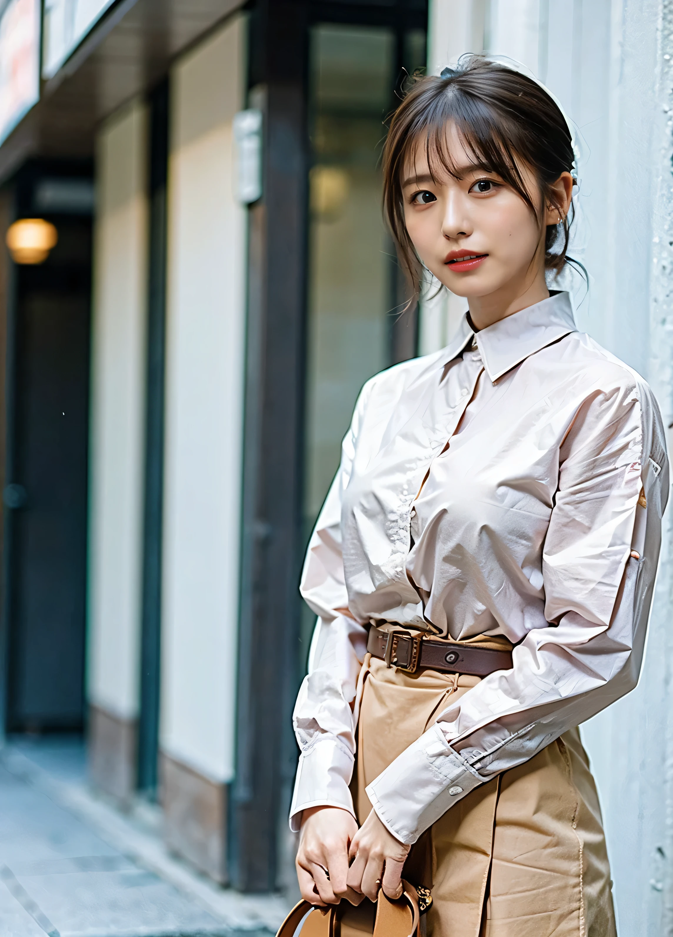 masterpiece、(top-quality)、((high-level image quality))、One Manly Boy、Slim body、((White Y-shirt and long black pants))、(Detailed beautiful eyes)、September Night Road、sitting on a curb、Face similar to Chaewon in Ruseraphim、((short hair above the ears))、((Smaller face))、((Neutral face))、((Light brown eyes))、((Korean boy))、((18year old))、((Handsome man))、((Wild look))、((Korean Makeup))、((elongated and sharp eyes))、((Sit next to the viewer))、((shot from a side angle))、((The upper part of the body))、((Close-range shooting)) White hair