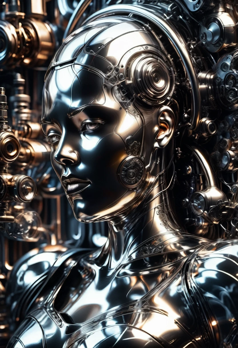 Liquid Metal, a liquid metal robot, detailed metallic texture, gears and machinery, industrial, futuristic, cyberpunk, silver, chrome, intricate details, best quality, 8k, photorealistic, cinematic lighting, advanced 3d render