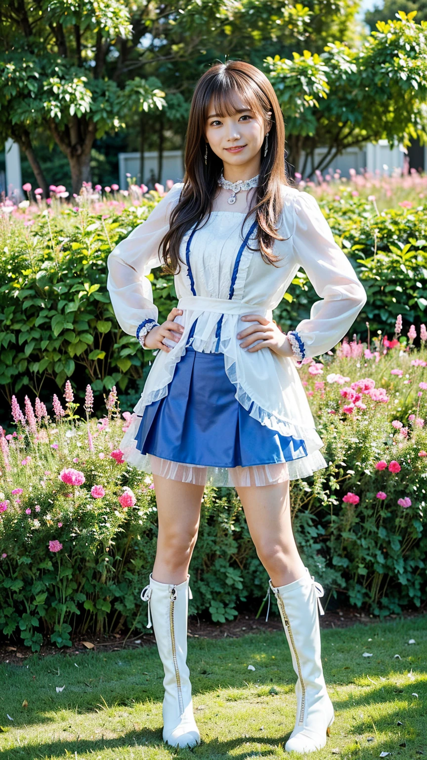 (8k、RAW Photos、highest quality、masterpiece:1.2)、(Realistic、Realistic)、1 girl、((Blue mini skirt、Jacket、boots、See-through、Frills、smile、I can see your feet、garden、Semi-long hair、Standing with hands on hips))、Lots of eyelashes、Glowing eyelids、skeletally correct