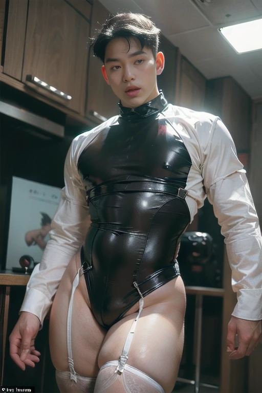 (masutepiece,High resolution,ultra - detailed:1.0),( extreme tight high waisted micro transparent bodysuit),(photorealistic) ,  (unrealistic wide hips , unrealistic wide pelvis , unrealistic phat hips) , ((only boy , only male)),ultra photorealism  , (wide hips. , wide pelvis , phat hips) , small face , handsome korean boy ,  puffy nipples , swollen nipples , Sexy garter stocking ,((tongue out))