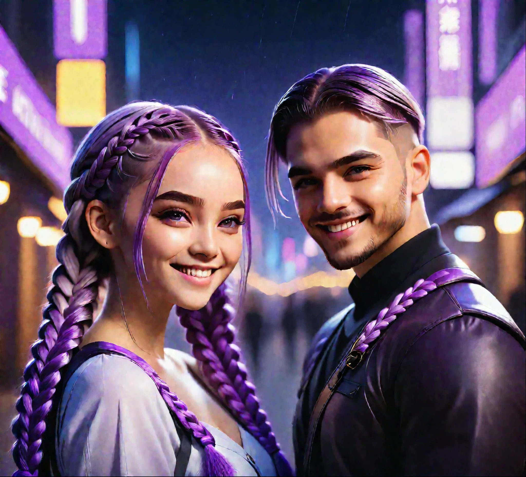 1 boy,Girl with purple and white gradient double braids,romantic couple,smiling face,Thoroughbred,Background blur,high quality,Artistic sense,Atmosphere,Luxury lighting