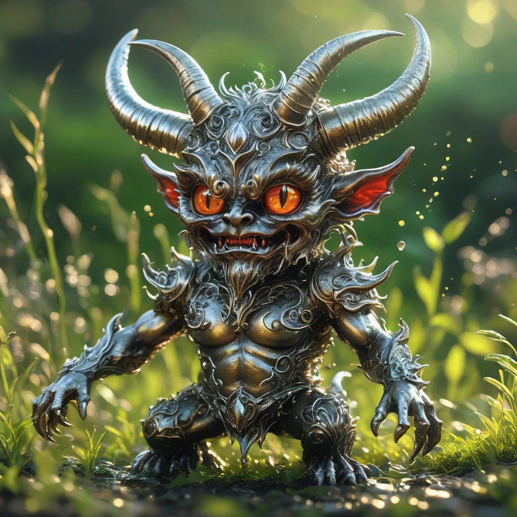 best quality, very good, 16K, ridiculous, Extremely detailed, Lovely(((demon:1.3))),Made of boiling liquid metal, Background grassland((A masterpiece full of fantasy elements))), ((best quality)), ((Intricate details))(8k)