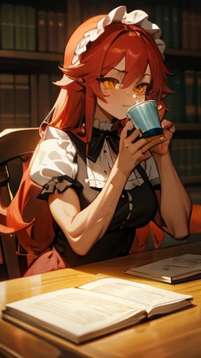 tanned skin, well-built woman, long red hair, yellow eyes, moe fang, human, vibrant landscape, calm pose, scarred face, frilly blouse, modest frilly dress, well-toned body, slight muscle, adult body, dominant, facial scars, indoors, castle, drinking tea, sitting at a table, muscular, books and paper on table, studying