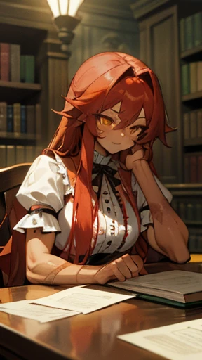 tanned skin, well-built woman, long red hair, yellow eyes, moe fang, human, vibrant landscape, calm pose, scarred face, frilly blouse, modest frilly dress, well-toned body, slight muscle, adult body, dominant, facial scars, indoors, castle, drinking tea, sitting at a table, muscular, books and paper on table, studying