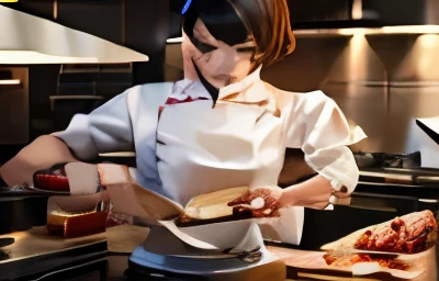 Chinese beauty with short hair wearing a white chef apron，Holding freshly grilled steak in hands in dark kitchen