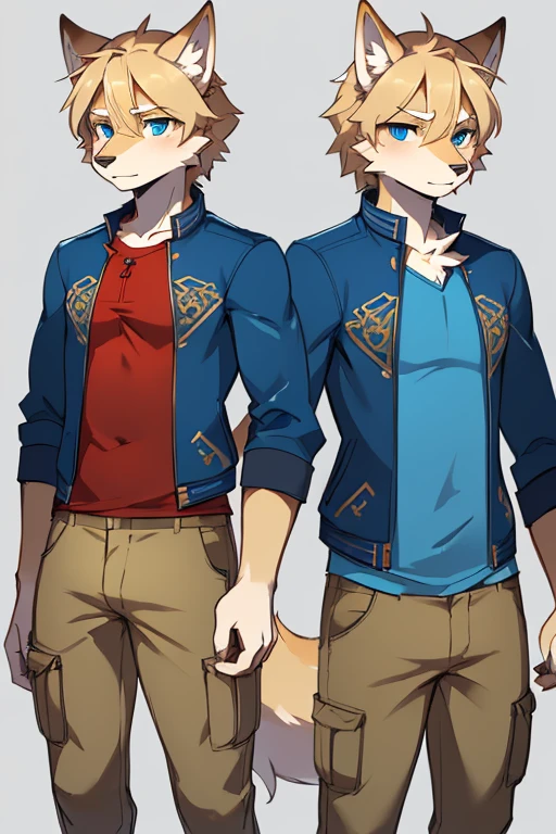 ( Absurdly , High quality , ultra detailed ) ,( hand detailed ) , 1boy, solo, teen, , (concept art, character sheet, character sketch),absurdres(highly detailed beautiful face and eyes)perfect anatomy, (Male yellow-gold wolf), (((lean-body))) ((thin body)) (fit), (dark-blue eyes, (adventure, fantasy type clothing ((red-shirt, blue jacket, khaki pants))) (lighter chest fur) (multiple views) (sketch), intense eyes, intense, (concept art, character sheet)