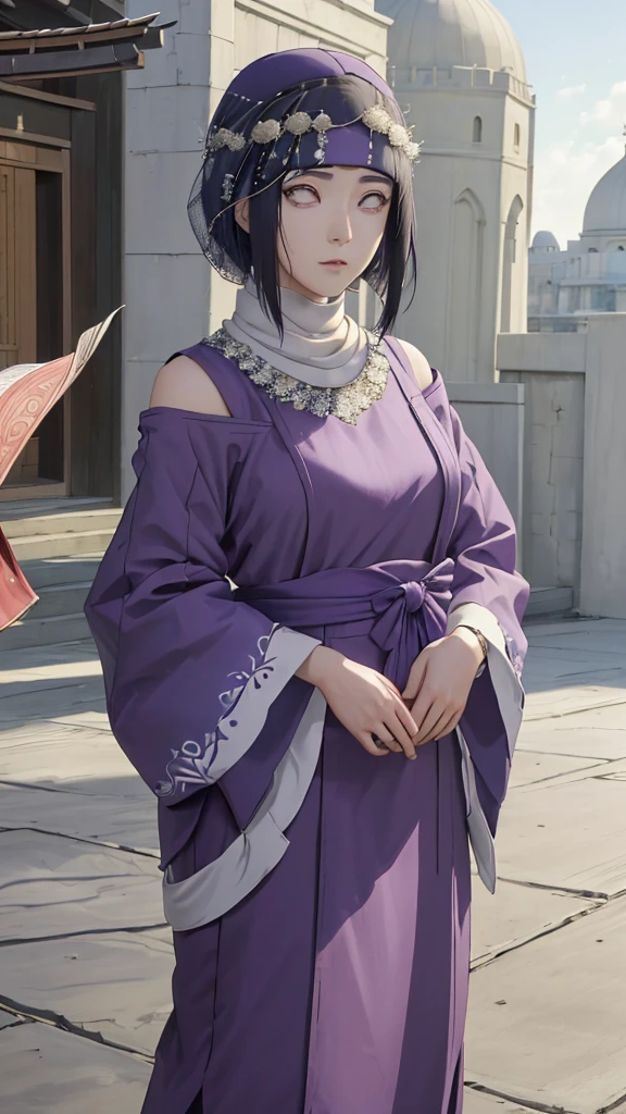 (masterpiece, top quality, best quality, official art, beautiful and aesthetic: 1.2), (1girl), (depicted as Hyuga Hinata from the anime Naruto), (long dark blue hair, cascading down her shoulders), (styled with white eyes, distinctive of her Byakugan heritage), (beautiful, with expressive features and captivating charm), (clad in purple clothes, traditional to Muslim attire), (wearing a mukena, intricately designed and flowing), (head adorned with a hijab, adding a layer of cultural authenticity), (set against a serene mosque background), (ultra-detailed, every fiber