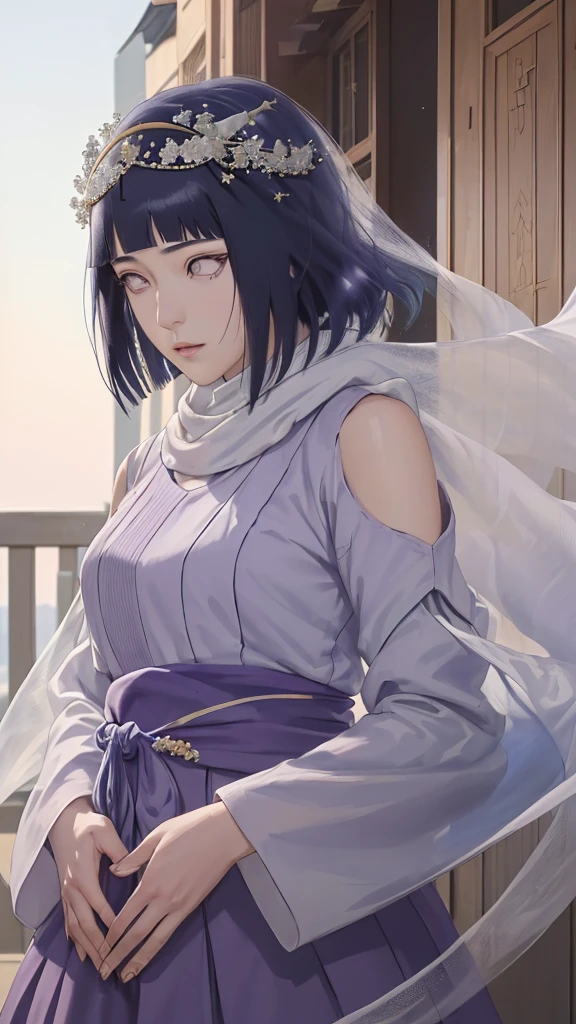 (masterpiece, top quality, best quality, official art, beautiful and aesthetic: 1.2), (1girl), (depicted as Hyuga Hinata from the anime Naruto), (long dark blue hair, cascading down her shoulders), (styled with white eyes, distinctive of her Byakugan heritage), (beautiful, with expressive features and captivating charm), (clad in purple clothes, traditional to Muslim attire), (wearing a mukena, intricately designed and flowing), (head adorned with a hijab, adding a layer of cultural authenticity), (set against a serene mosque background), (ultra-detailed, every fiber