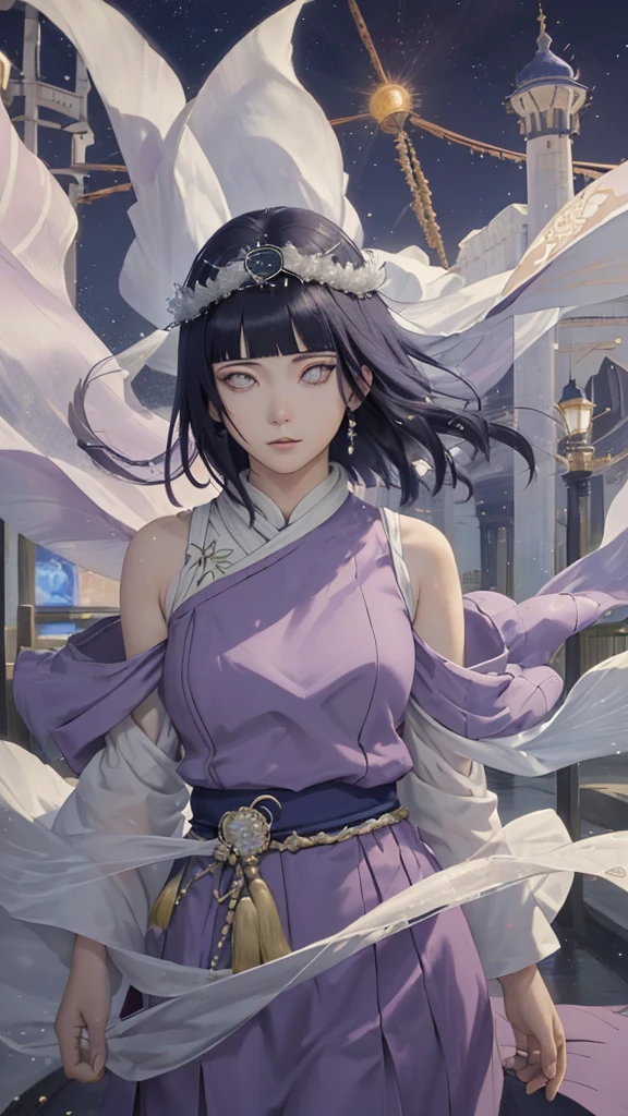 (masterpiece, top quality, best quality, official art, beautiful and aesthetic: 1.2), (1girl), (depicted as Hyuga Hinata from the anime Naruto), (long dark blue hair, cascading down her shoulders), (styled with white eyes, distinctive of her Byakugan heritage), (beautiful, with expressive features and captivating charm), (clad in purple clothes, traditional to Muslim attire), (wearing a mukena, intricately designed and flowing), (head adorned with a hijab, adding a layer of cultural authenticity), (set against a serene mosque background), (ultra-detailed, every fiber