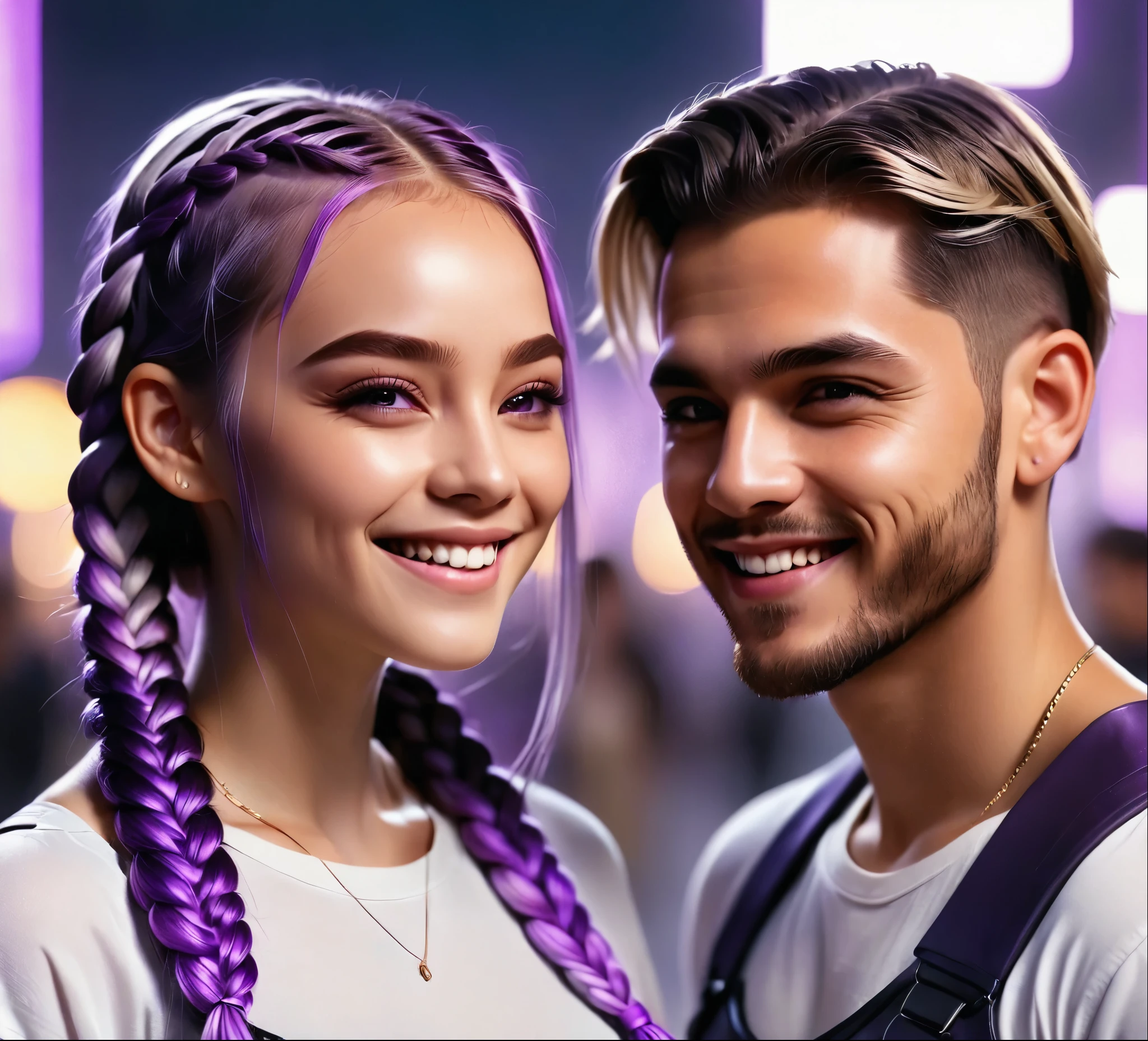 1 boy,Girl with purple and white gradient double braids,romantic couple,Smiling Face,as thick as thieves,Background blur,high quality,Artistic sense,cinematic atmosphere,Luxury lighting