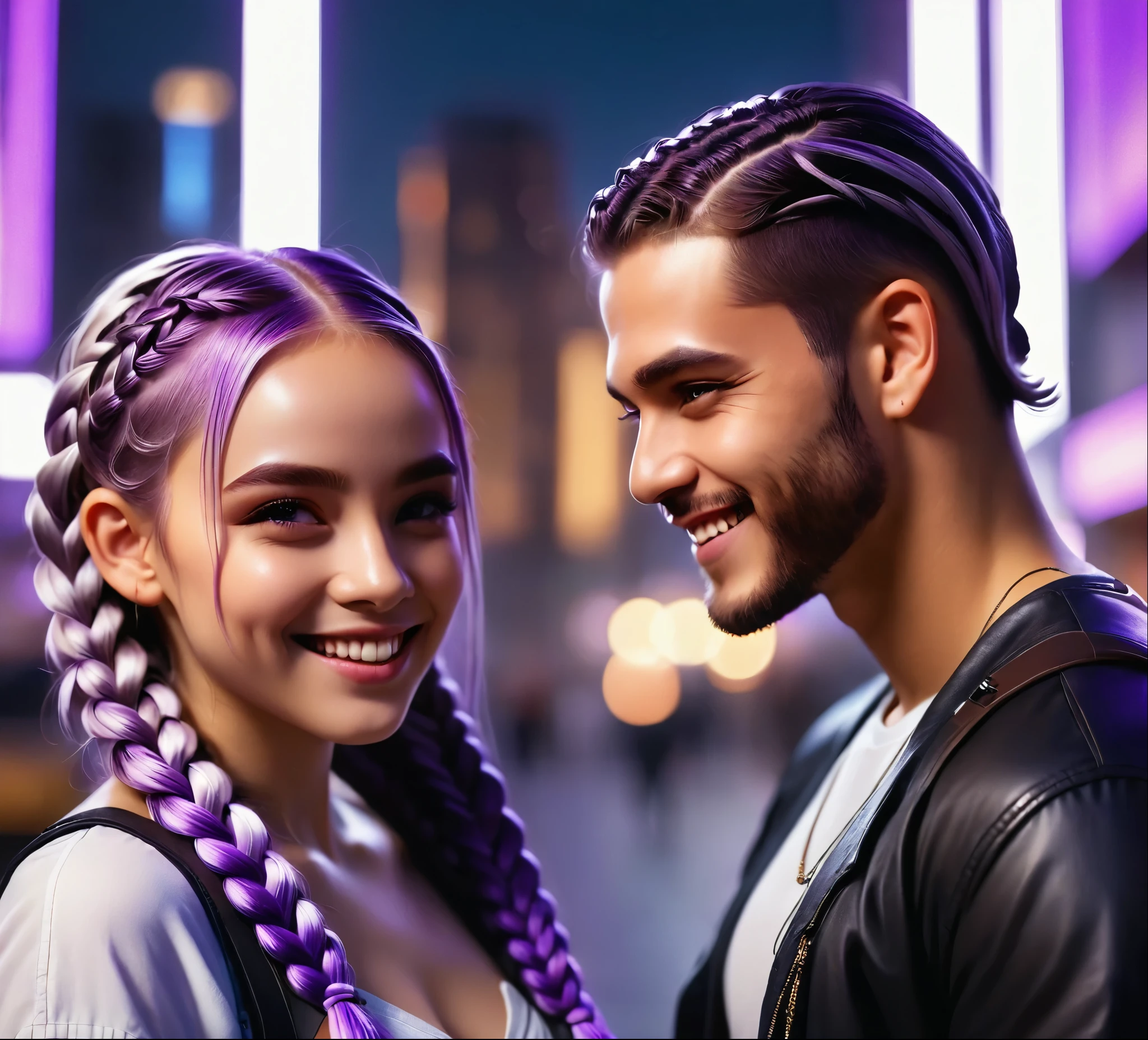 1 boy,Girl with purple and white gradient double braids,romantic couple,Smiling Face,as thick as thieves,Background blur,high quality,Artistic sense,cinematic atmosphere,Luxury lighting