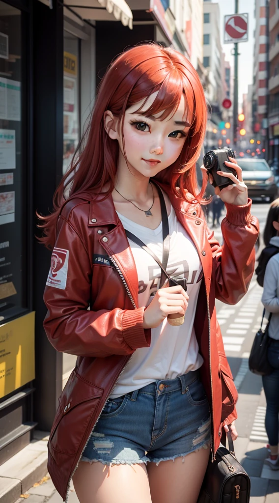 Subculture girl。save。Gorgeous clothes。Red hair。Have a camera。Looking at the camera。a smile。front。