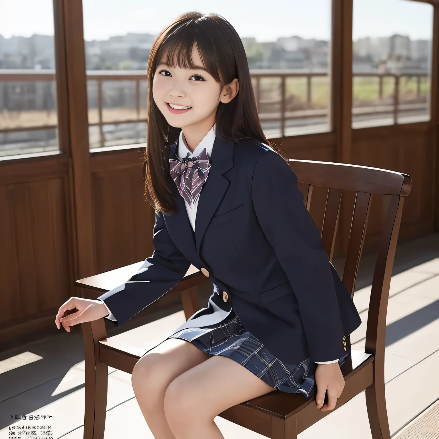 (highest quality, masterpiece:1.2), highest quality, Realistic, photograph, High resolution, 1080p, 8K, Physical Rendering, ((Height: 158cm)), Japanese girl、((((((A 14 year old beautiful Japanese fashion magazine's fashion model is looking straight at the viewer)))))), (((big very detailed beautiful dark brown eyes))), ((((laughing at me!)))), detailed fingers, (((curled blunt bangs))), ((((Very noble and cute eyes, carefully drawn with great attention to detail)))), ((double eyelids)), (((long eyelashes))), ((cute lovely lovely laughing laughing cheeks)), ((The pure white light hits my nose and cheeks. Her eyes and white facial skin shine beautifully white.)), (((((Her facial features are very expressive lovely smile, very sweet, very very intelligent))))), ((((impressive plain navy large school ribbon bow tie in plain)))), ((((black very beautiful and very long hair)))), (blue and navy colored tartan checkered formal long pleated pleated skirt), (((A formal dark blue blazer in solid that is slightly oversized and with a golden emblem))), ((As elegant as a noble princess)), ((Seated on a chair of platform at a rural railway station)), ((Shooting the whole body from the side))