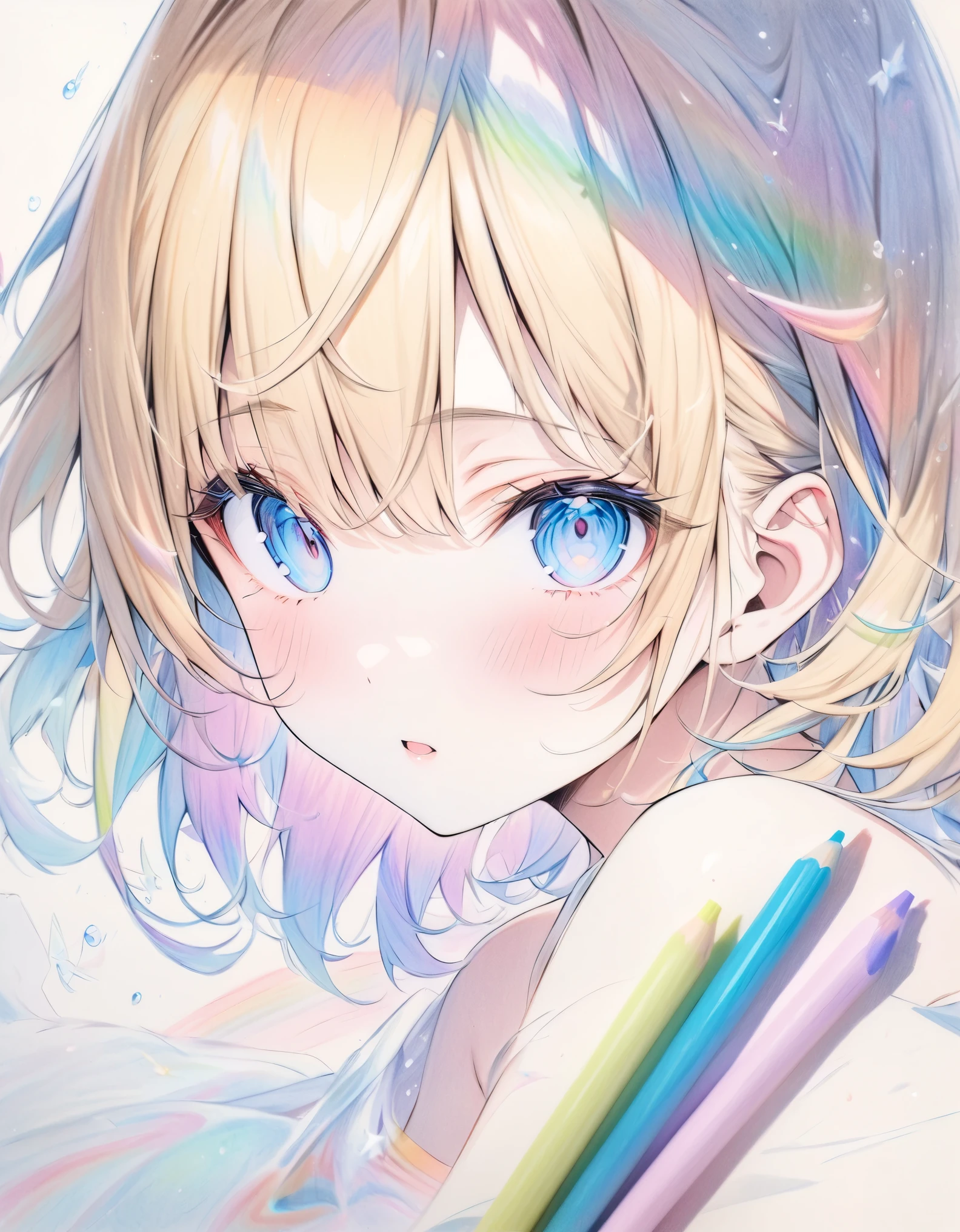 ((style:colored pencil,Pale colors)),(masterpiece:1.2),Blonde、Slanted Eyes、Blue Eyes、Fairy、rainbow、mysterious、Transparent