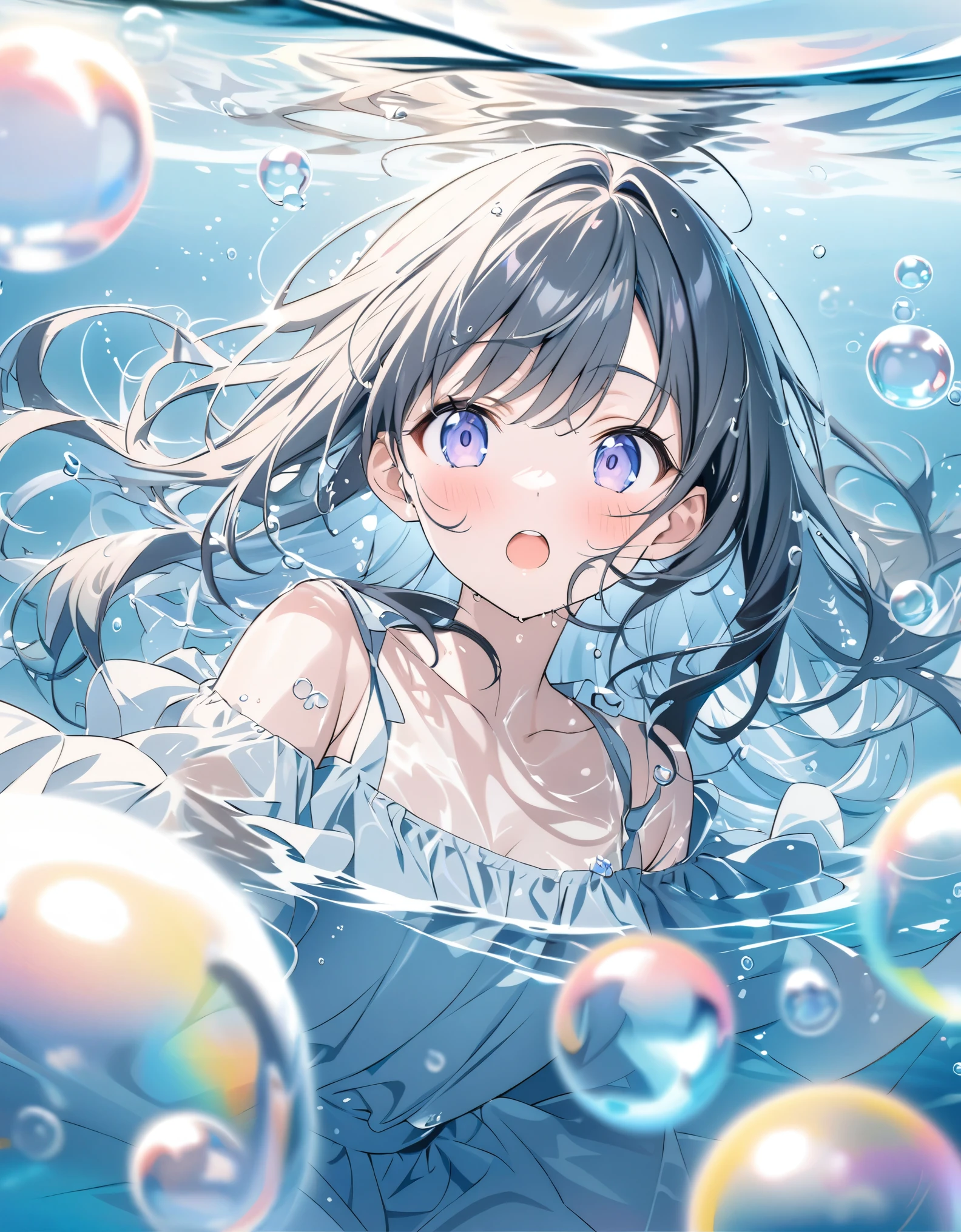 Anime girl in a dress floating in the water with bubbles - SeaArt AI