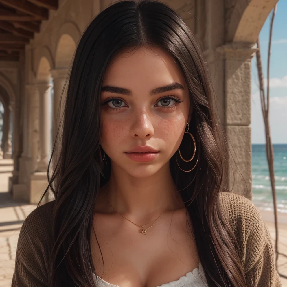 Beautiful Female, solo, Casual dress, few face freckles, Italian, 20 year old, female, beach, ultra realistic, no people around, beautiful surroundings, cozy sunlight to the face, realistic, black long hair, European girl, very cute face