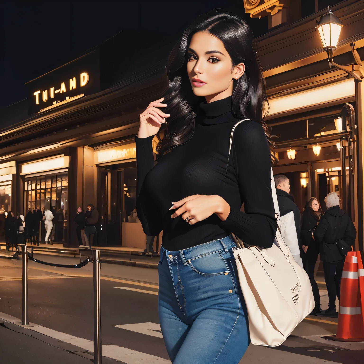 A beautiful Brazilian woman with tanned white skin and medium length dark hair in blue jeans and a black turtleneck shirt holding a beige bag, candid photo, full body, over the shoulder photo, full body profile photo, close up full-length photo, over-shoulder photo, dressed casually in Disney Spring, full-length photo, distant full-body photo, standing in front of T-REX restaurant, in Disney Spring, wearing a black turtleneck sweater. She is around 40 years old, 162 cm tall and weighs 56 kg. Her body exudes glamor and her face is a definition of beauty. Slender body, thin waist. Highly realistic, hyperrealism, very elaborate skin, hyperrealism, high quality photo. Full Body Photo, Sharp Photo, High Resolution, High Quality, Masterpiece, 16K Photo, Sharp, High Contrast, Masterpiece, (Photographically Realistic), 16k, NUDE, NUDITY, NFSW.