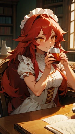 tanned skin, well-built woman, long red hair, yellow eyes, moe fang, human, vibrant landscape, calm pose, scarred face, frilly blouse, modest frilly dress, well-toned body, slight muscle, adult body, dominant, facial scars, indoors, castle, drinking tea, sitting at a table, muscular, books and paper on table, studying