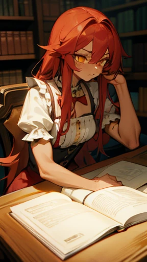 tanned skin, well-built woman, long red hair, yellow eyes, moe fang, human, vibrant landscape, calm pose, scarred face, frilly blouse, modest frilly dress, well-toned body, slight muscle, adult body, dominant, facial scars, indoors, castle, drinking tea, sitting at a table, muscular, books and paper on table, studying
