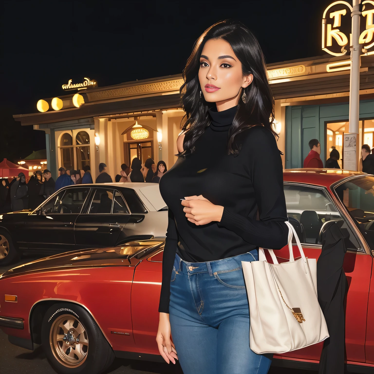 A beautiful Brazilian woman with tanned white skin and medium length dark hair in blue jeans and a black turtleneck shirt holding a beige bag, candid photo, full body, over the shoulder photo, full body profile photo, close up full-length photo, over-shoulder photo, dressed casually in Disney Spring, full-length photo, distant full-body photo, standing in front of T-REX restaurant, in Disney Spring, wearing a black turtleneck sweater. She is around 40 years old, 162 cm tall and weighs 56 kg. Her body exudes glamor and her face is a definition of beauty. Slender body, thin waist. Highly realistic, hyperrealism, very elaborate skin, hyperrealism, high quality photo. Full Body Photo, Sharp Photo, High Resolution, High Quality, Masterpiece, 16K Photo, Sharp, High Contrast, Masterpiece, (Photographically Realistic), 16k, NUDE, NUDITY, NFSW.