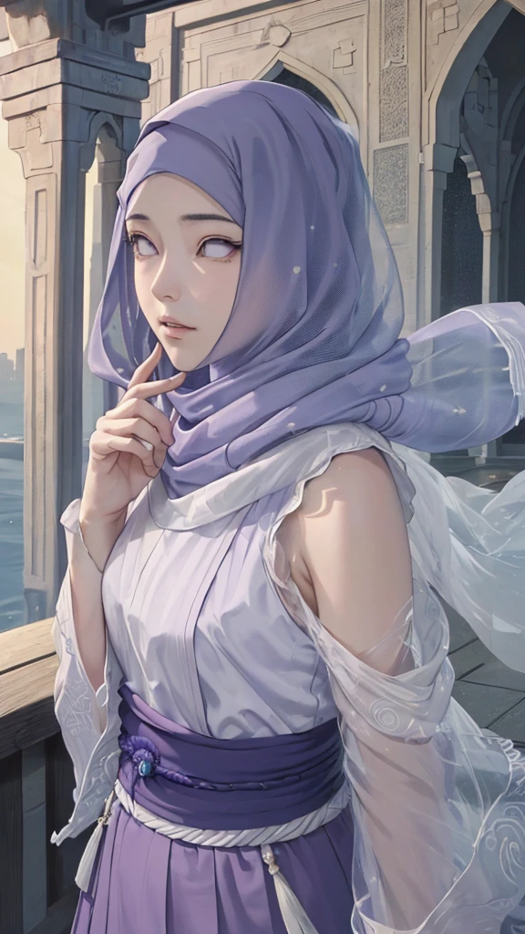 (masterpiece, top quality, best quality, official art, beautiful and aesthetic: 1.2), (1girl), (depicted as Hyuga Hinata from the anime Naruto), (long dark blue hair, cascading down her shoulders), (styled with white eyes, distinctive of her Byakugan heritage), (beautiful, with expressive features and captivating charm), (clad in purple clothes, traditional to Muslim attire), (wearing a mukena, intricately designed and flowing), (head adorned with a hijab, adding a layer of cultural authenticity), (set against a serene mosque background), (ultra-detailed, every fiber