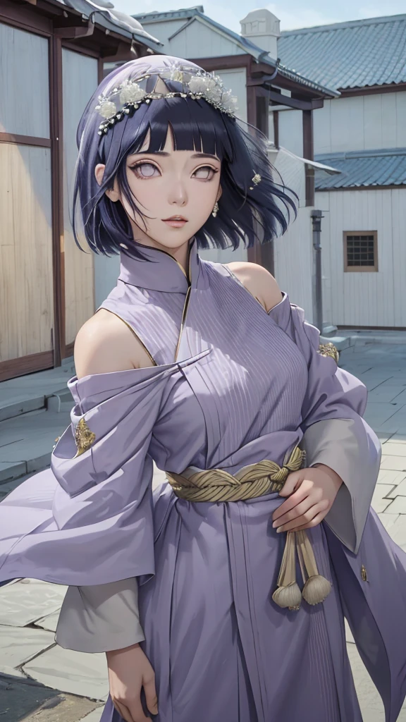 (masterpiece, top quality, best quality, official art, beautiful and aesthetic: 1.2), (1girl), (depicted as Hyuga Hinata from the anime Naruto), (long dark blue hair, cascading down her shoulders), (styled with white eyes, distinctive of her Byakugan heritage), (beautiful, with expressive features and captivating charm), (clad in purple clothes, traditional to Muslim attire), (wearing a mukena, intricately designed and flowing), (head adorned with a hijab, adding a layer of cultural authenticity), (set against a serene mosque background), (ultra-detailed, every fiber