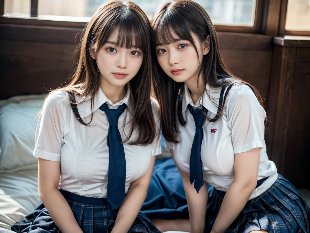 (RAW photo, 4k, masterpiece, high resolution, extremely complex) (realistic: 1.4), cinematic lighting
 ((2 girls, 2 schoolgirls)),Slam Dunk's,blushing,((innocent)),(Dark makeup),bright eyes,round eyes,blunt bangs,(straight hair:1.3),black hair,large breasts,wide hips,Summer Noon, 20 year old girl、cute type、lolita,Hot, (Best Quality), (Highres), (an Extremely Delicate and Beautiful),(Beautiful 8k face),(Brown eyes),short bob hair,( spectators),(gigantic breasts),(Play with each other,Touching each other's bodies,Touching the body),(Japanese high school uniform:1.3),blue skirt,(reality),bright lighting,(The background is a luxury hotel room)