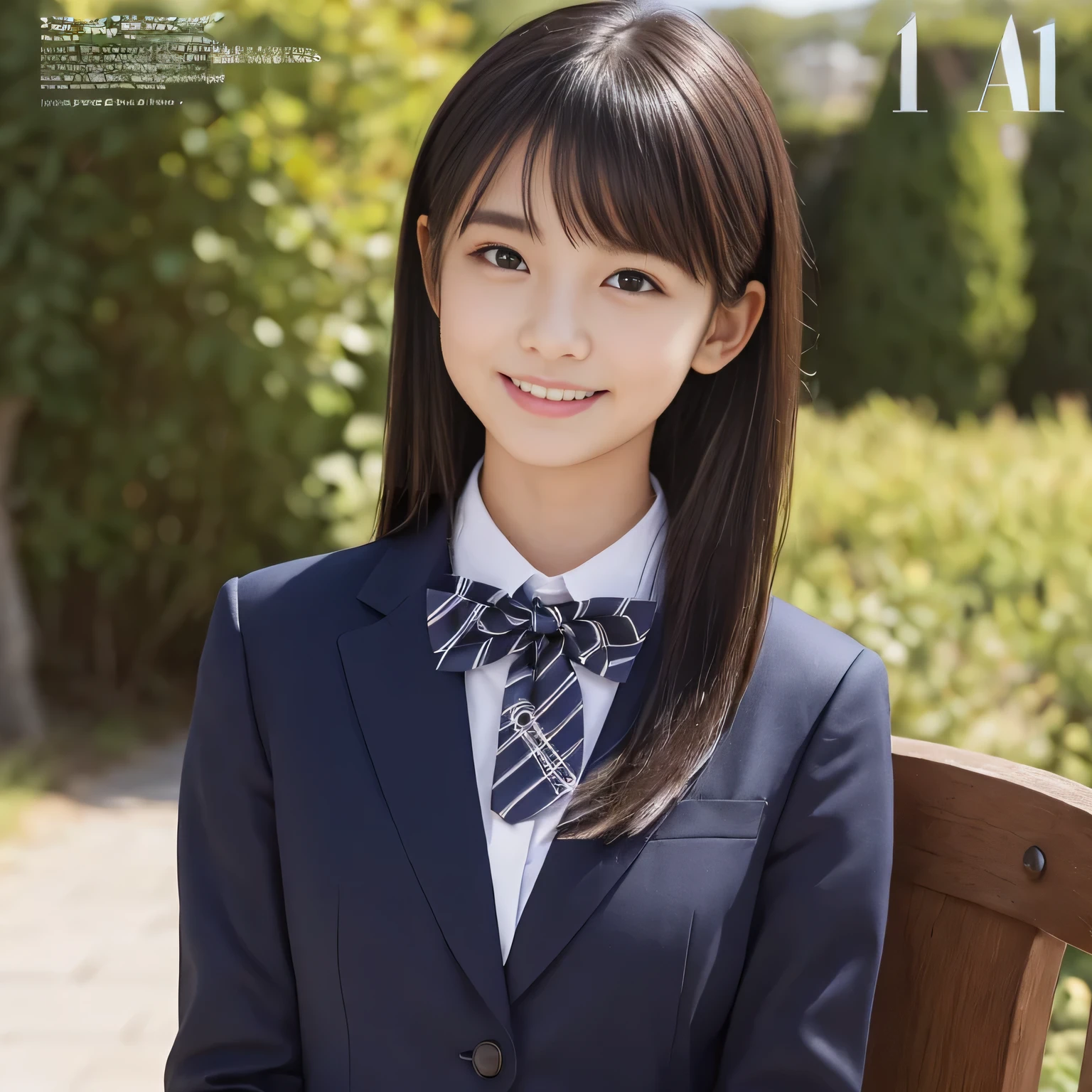 (highest quality, masterpiece:1.2), highest quality, Realistic, photograph, High resolution, 1080p, 8K, Physical Rendering, ((Height: 158cm)), Japanese girl、((((((A 14 year old beautiful Japanese fashion magazine's fashion model is looking straight at the viewer)))))), (((big very detailed beautiful dark brown eyes))), ((((laughing at me!)))), detailed fingers, (((curled blunt bangs))), ((((Very noble and cute eyes, carefully drawn with great attention to detail)))), ((double eyelids)), (((long eyelashes))), ((cute lovely lovely laughing laughing cheeks)), ((The pure white light hits my nose and cheeks. Her eyes and white facial skin shine beautifully white.)), (((((Her facial features are very expressive lovely smile, very sweet, very very intelligent))))), ((((impressive plain navy large school ribbon bow tie in plain)))), ((((black very beautiful and very long hair)))), (blue and navy colored tartan checkered formal long pleated pleated skirt), (((A formal dark blue blazer in solid that is slightly oversized and with a golden emblem))), ((As elegant as a noble princess)), ((Seated on a chair of platform at a rural railway station)), ((Shooting the whole body from the side))