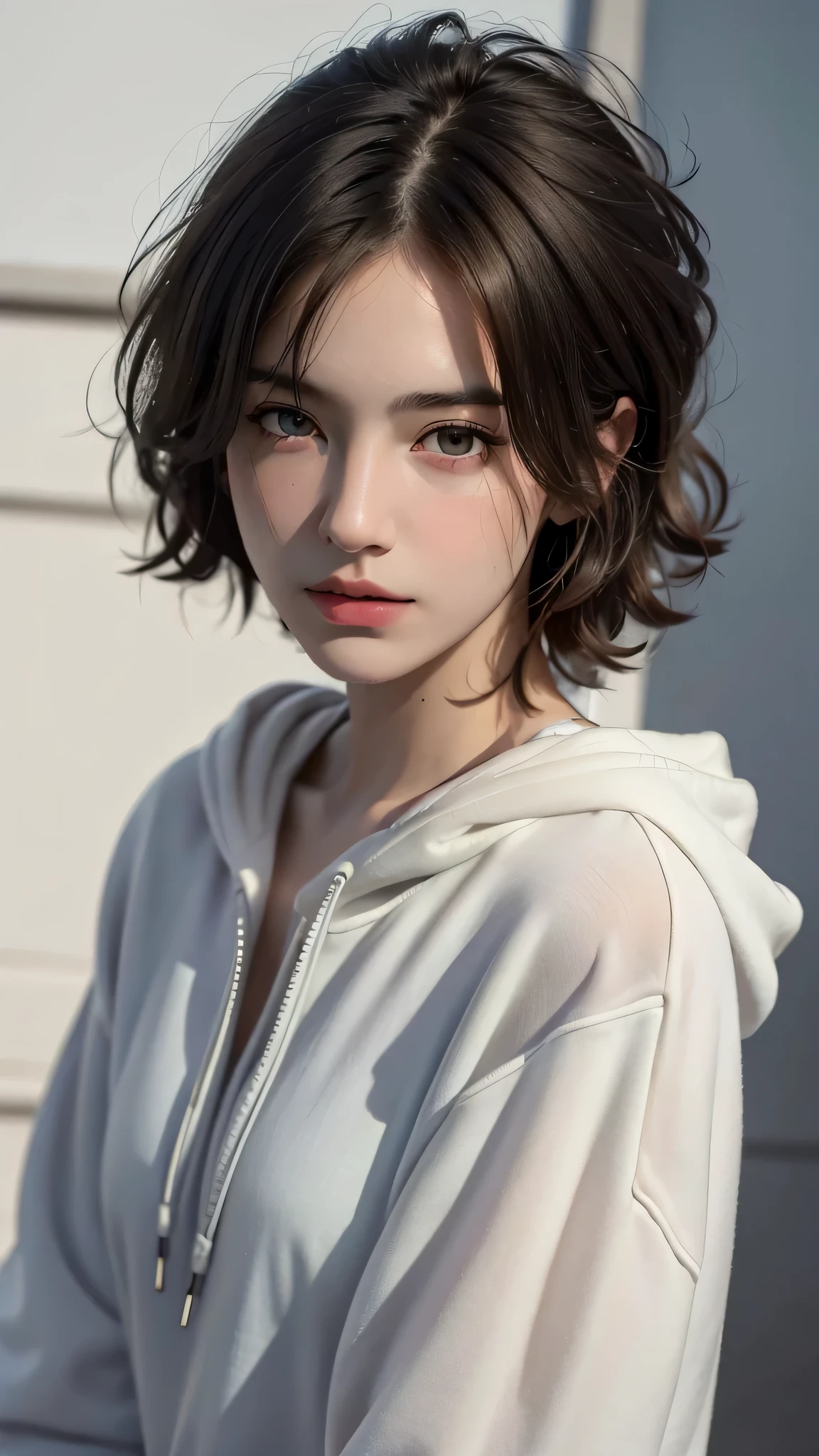 Best quality, masterpiece, ultra high res, (photorealistic:1.5), raw photo, 1girl, in the dark, deep shadow, low key, cold light,short hair, closed mouth , soft smile , wearing hoodies