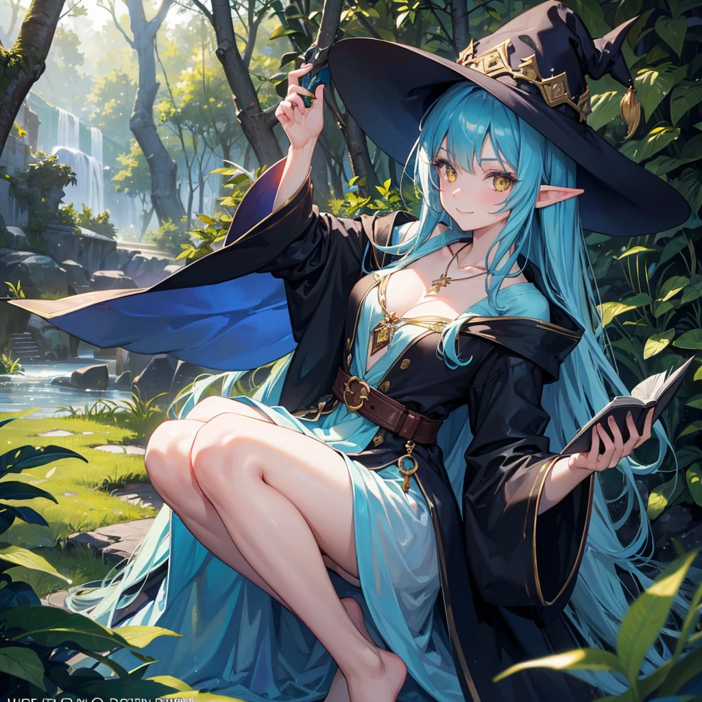 A sexy girl half elf wizard, Bikini suit, wizard hat, yellow eyes, bright blue hair colour, book in hand, forest background,8k, masterpiece, best quality, highly detailed, onehttps://www.instagram.com/reel/C68M0M_x2O2/?igsh=MTFoYjN0dzlpaXJ3Zw==A sexy girl half elf wizard, dark wizard robe, wizard hat, yellow eyes, bright blue hair colour, book in hand, forest background,8k, masterpiece, best quality, highly detailed, one girl, half-elf, solo, yellow eyes, bright blue hair, long straight hair, wearing necklace, gorgeous, black robe and wizard clothing, friendly, smile,sexy, close ups view, rings, looking at viewer, alone, girl, half-elf, solo, yellow eyes, bright blue hair, long straight hair, wearing necklace, gorgeous, black robe and wizard clothing, friendly, smile,sexy, close ups view, rings, looking at viewer, alone,