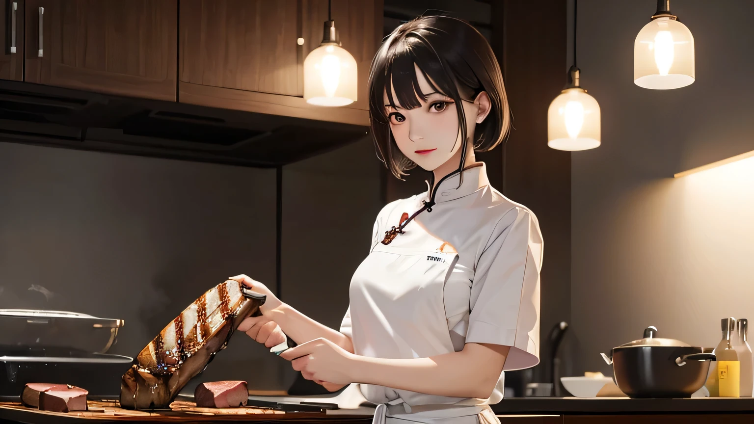 Chinese beauty with medium to short straight hair wearing a white chef apron,Holding freshly grilled steak in hands in dark kitchen