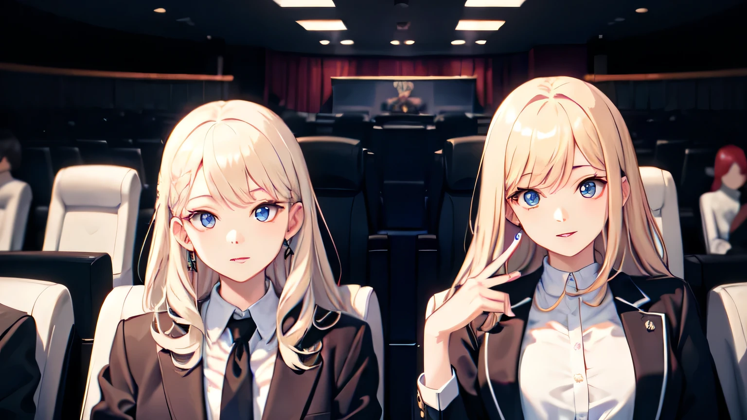 ((highest quality)), ((masterpiece)), (detailed), Perfect Face、movie theatre、Be quiet、Put your finger on your lips、Black business suit、blonde、Smooth Hair、White shirt、