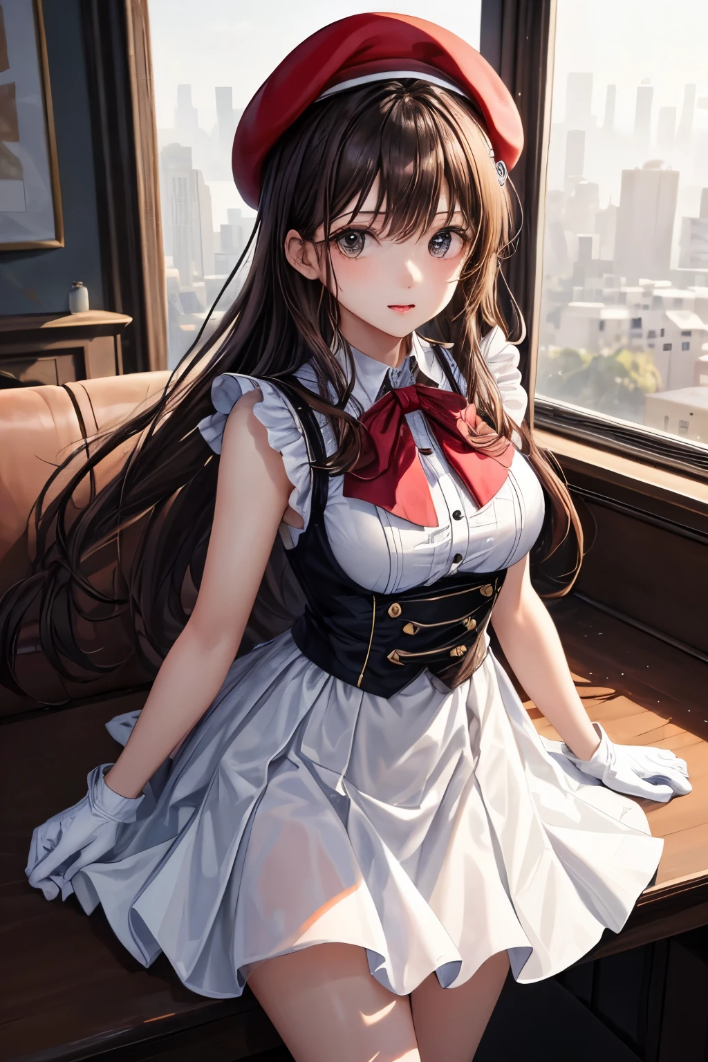 high quality, best image quality, masterpiece, girl((18-year-old, By becoming、vest bust、medium bust,wide open breast tea、shining eyes, glowing brown hair、long hair 、black eyes 、thin,highest valley、、white dress that shows shoulders suite、short skirt、Wristband、white gloves、wear a beret、Tsundere、rotate)),high quality、beautiful art、background((luxurious school))、Flight、debris flies、Depth of written boundary、movie、visual art、perfect art、8K,genuine、wear a  red beret