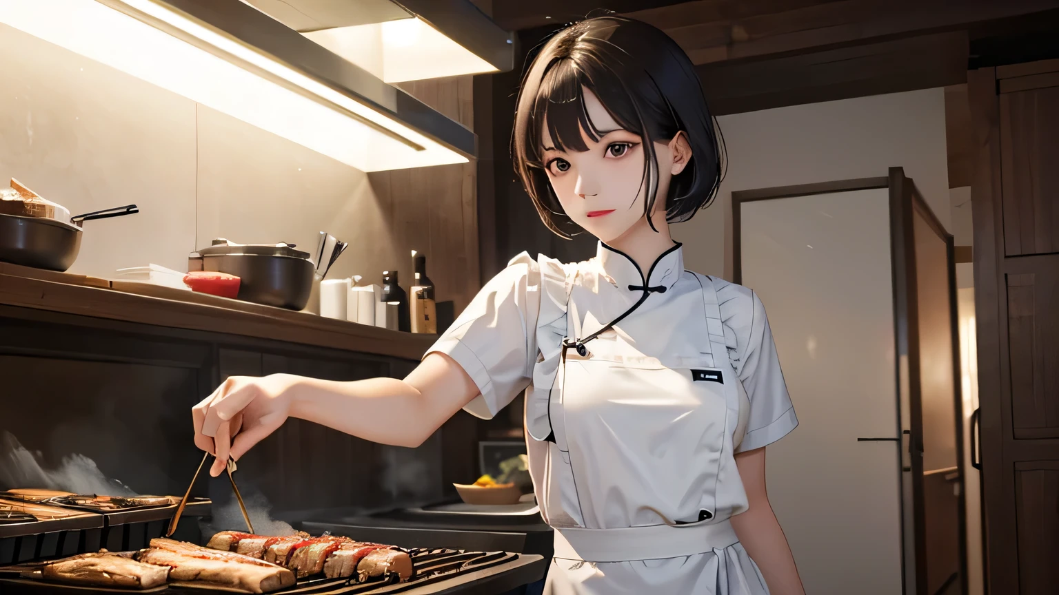 Chinese beauty with medium to short straight hair wearing a white chef apron,Holding freshly grilled steak in hands in dark kitchen
