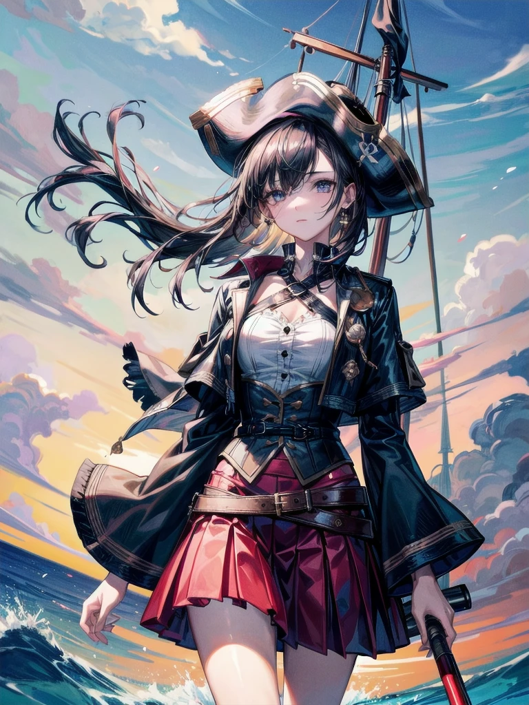 Practical pirate clothing, Long-sleeved pirate top, Skirt,Torn pirate hat, absurdres, RAW photo, extremely delicate and beautiful, masterpiece, Best Quality, ultra high resolution, 32k, hyperrealistic, ultra-detailed, perfect figure, tearful mole, earring, whole body shot, short medium hair, wavy hair,