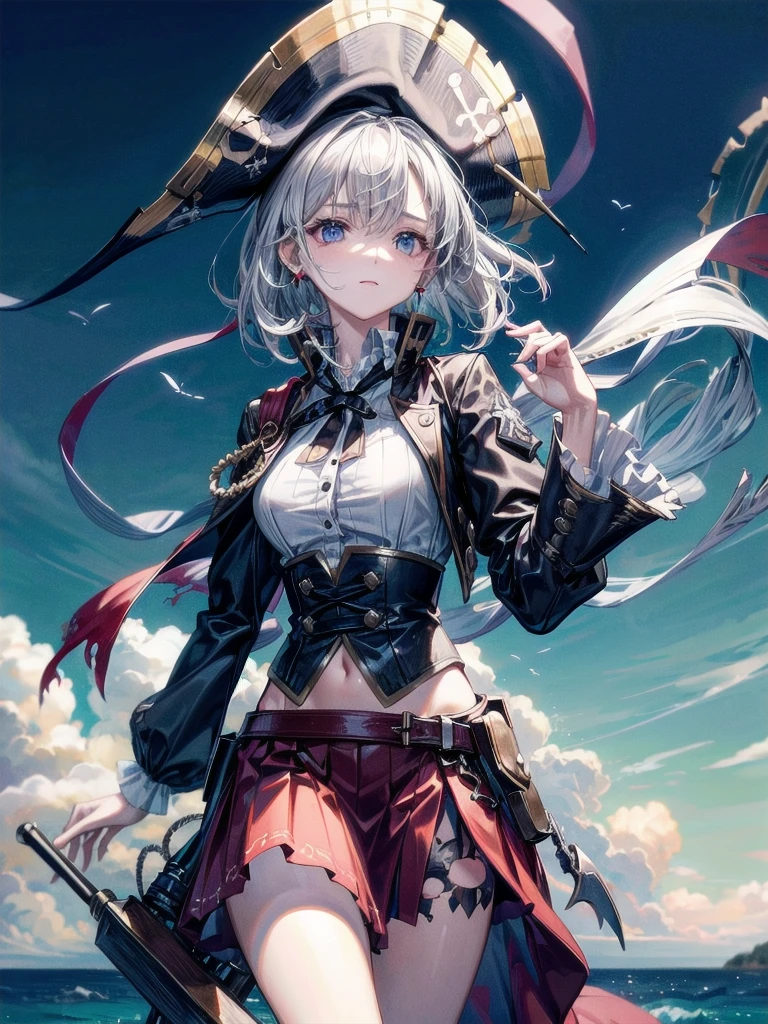 Practical pirate clothing, Long-sleeved pirate top, Skirt,Torn pirate hat, absurdres, RAW photo, extremely delicate and beautiful, masterpiece, Best Quality, ultra high resolution, 32k, hyperrealistic, ultra-detailed, perfect figure, tearful mole, earring, whole body shot, short medium hair, wavy hair,