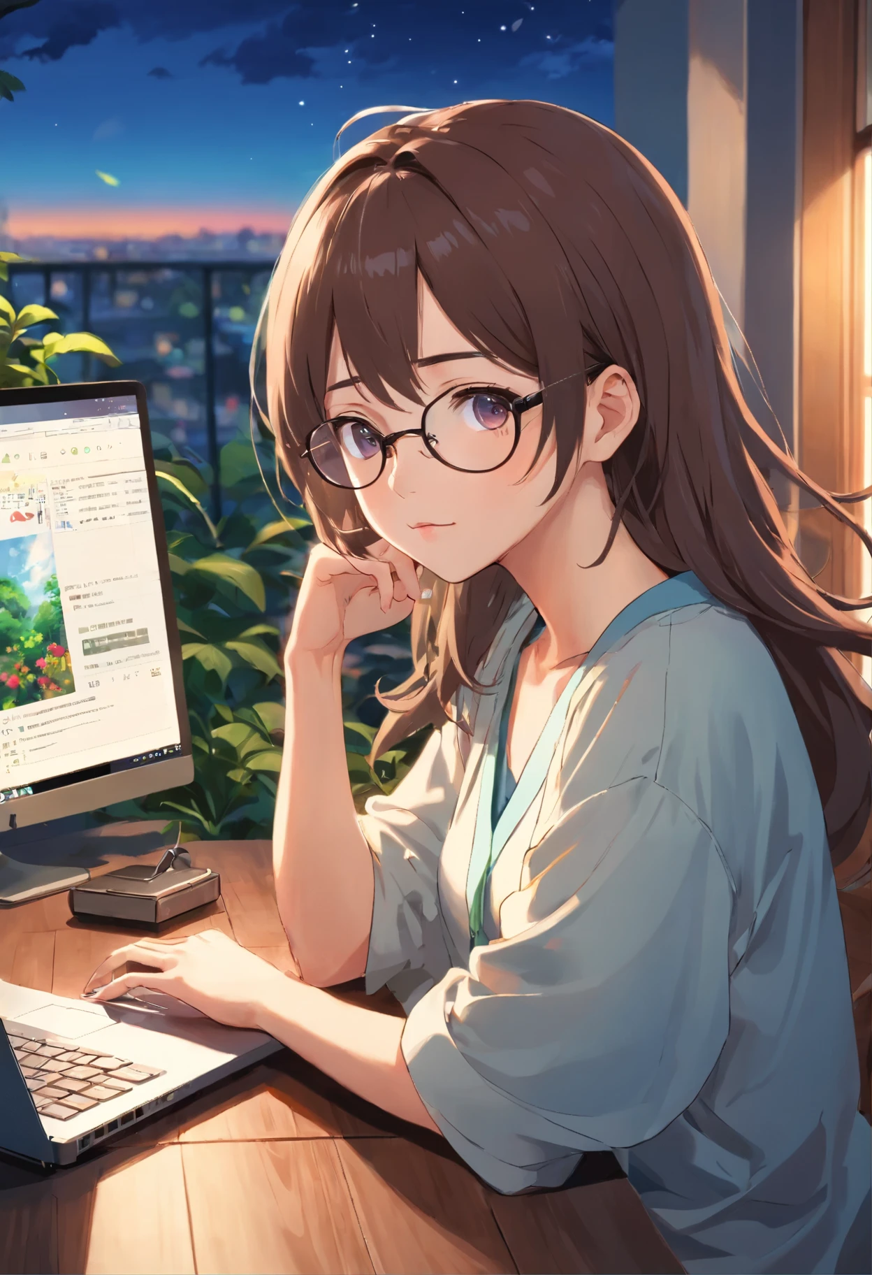 (highest quality,Very high resolution),Close-up of girl sitting on wooden table, Please wear a white V-neck short-sleeve shirt and round metal-framed glasses. She is a Japan girl,Long hair, pink beige、Place your left hand over the mouse,at the same time, Gently support your chin with your right hand. She pursed her lips slightly, Her eyes stared straight into the camera. The background consists of a shutter, There is a laptop in the lower left corner.morning、Girl with glasses studying on balcony while listening to music on headphones .The scenery is very beautiful . There are plants in the background. Lo-fi girlfriend、Beautiful night view with books and plants in the background、He put the cocoa cup on the desk、Typing on a laptop。。