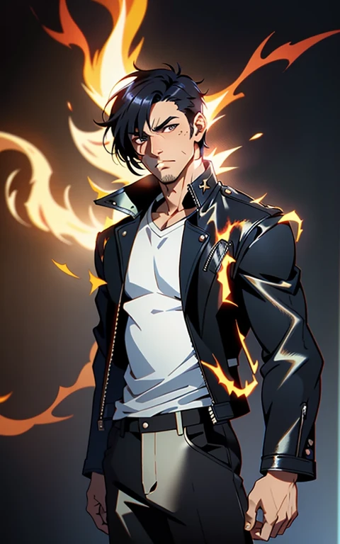 um jovem homem, cabelo curto azul escuro, franja longa cobrindo metade do rosto, olhos afiados, uma longa cicatriz no rosto, an expression of discontent, uma jaqueta de couro estilo fantasia realista sobre uma camiseta escura, pants that match the outfit, fogo negro girando ao redor, the background depicts a menacing dragon formed by black flames, este personagem incorpora uma fantasia realista finamente elaborada no estilo anime, exquisite and mature manga art style, High definition, melhor qualidade, high resolution, ultra-detalhado, Pintura ultrafina, extremamente delicado, Profissional, Anatomicamente correto, Symmetrical face, olhos e rosto extremamente detalhados, olhos de alta qualidade, criatividade, Foto CRU, UHD, 8K, Luz natural, cinematic lighting, Obra de arte-anatomy-perfect, Obra de arte:1.5