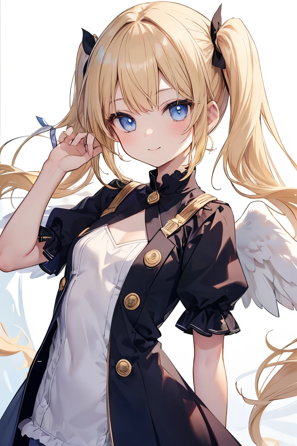 blonde、blue eyes、girl、Small breasts、Twin tails、girl、Small breasts、Bright smile、Looks about 15 years old、Petan Musume、He is short、Angel&#39;s wing、Eye highlights、Show your armpits