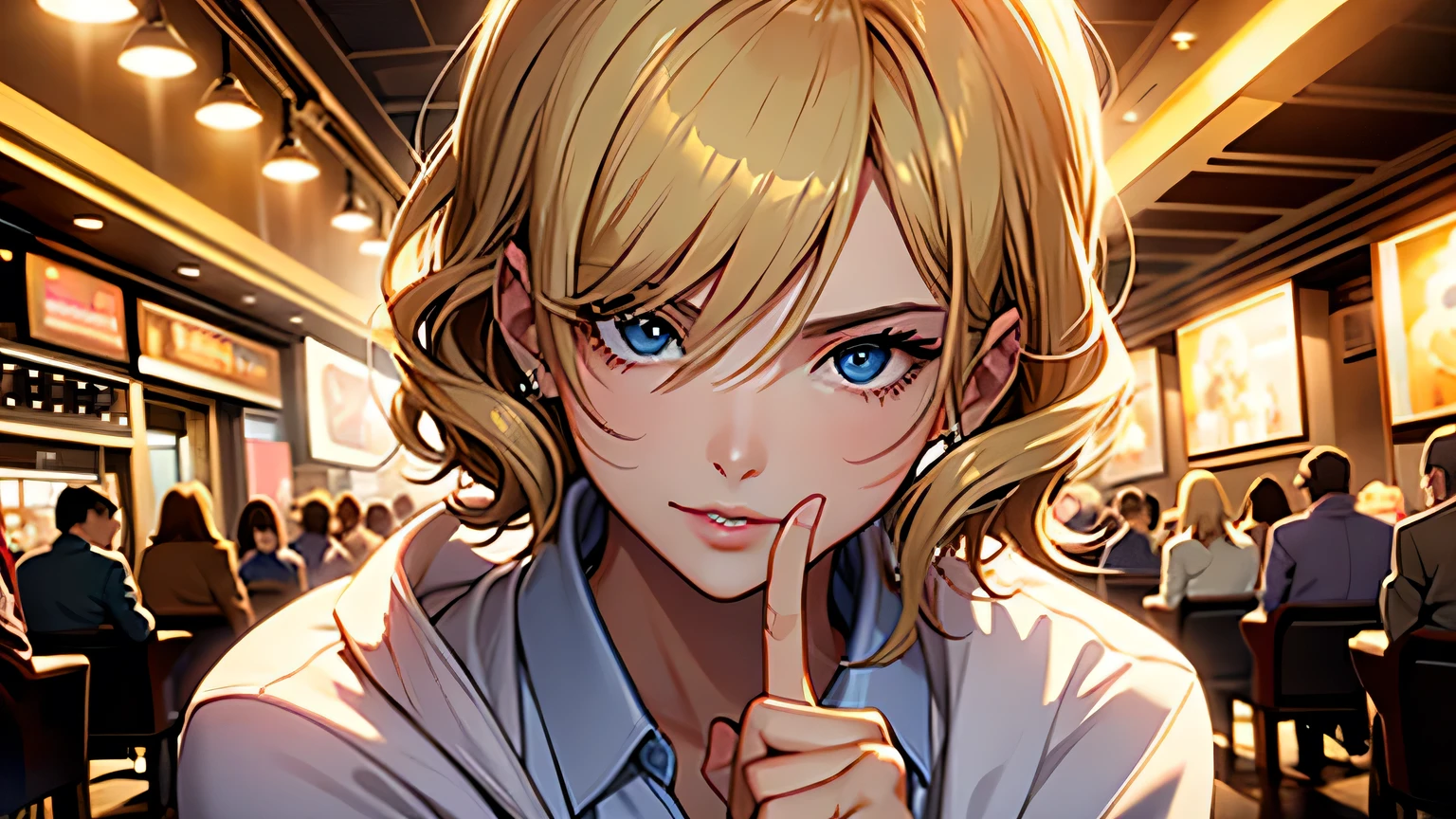 ((highest quality)), ((masterpiece)), (detailed), Perfect Face、movie theatre、Be quiet、Put your finger on your lips、business suit、blonde、Smooth Hair、White shirt、