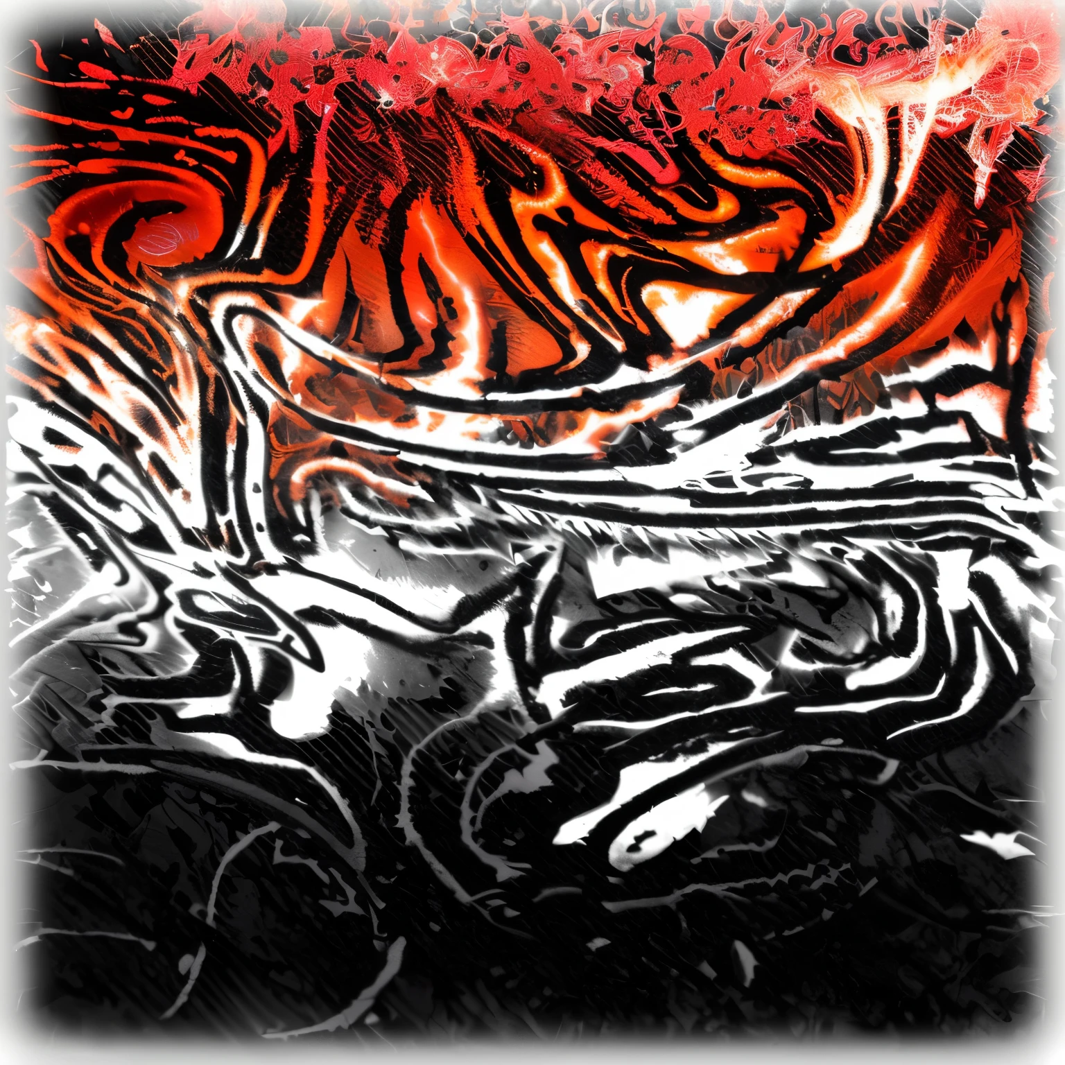 graffiti of a motorcycle with flames in the background, abstract digital art, digital art extreme detail, dark orange black white red, digital art - n 5, digital art - n 9, intricate overlay flames imagery, in style of digital painting, inspired by Rodney Joseph Burn, weird abstract, black white and red colors, abstract, the brittle. digital painting, very abstract