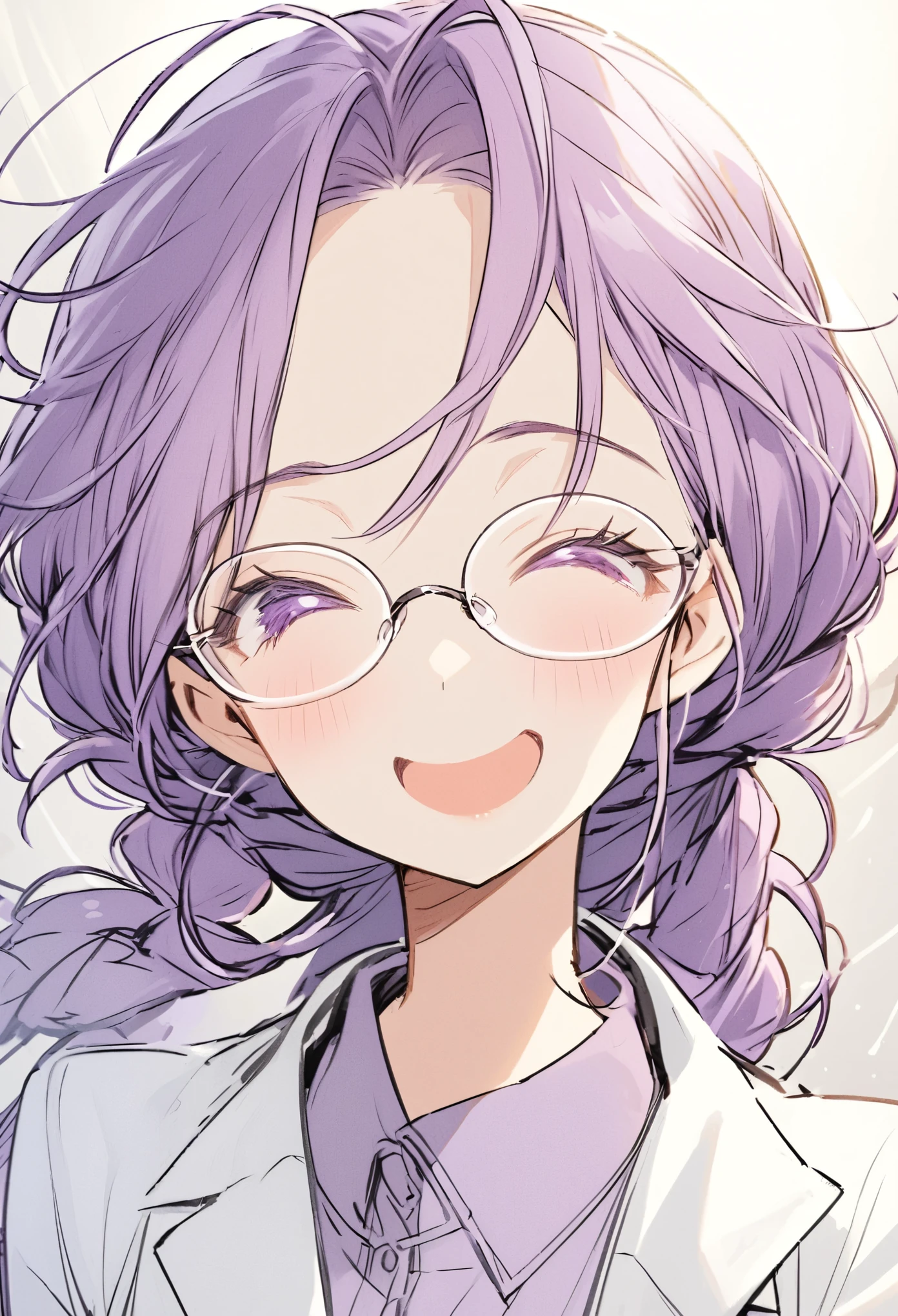 Purple Hair、Braided Hair、Hair tied in two、7:3 parted bangs、Wear glasses、thick glasses、girl、Wearing a lab coat、laugh foolishly face、Light reflecting glasses、Round Glasses