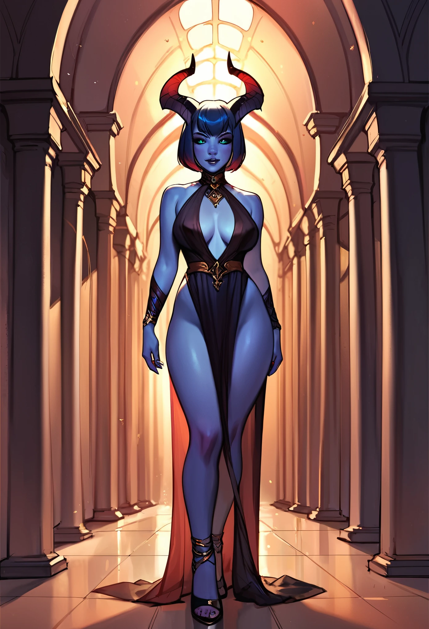 score_9, score_8_up,score_7_up, score_6_up, score_5_up, score_4_up, demon woman standing in dark hallway, blue skin, horns, black sclera, bob cut, large curved horn