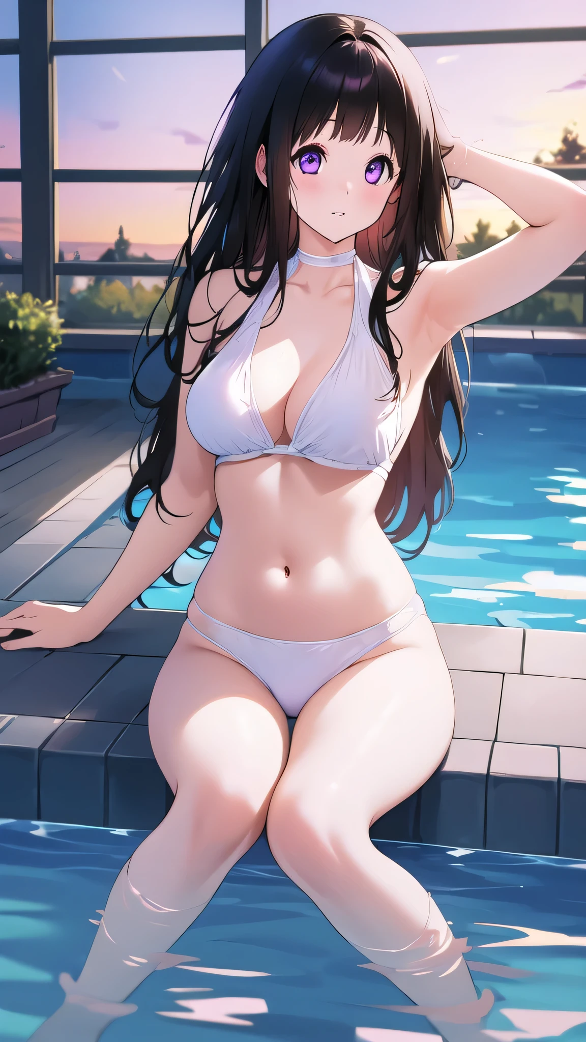 Beautiful Chitanda,There is only one beautiful girl,Purple Eyes, Black Hair, Natural straight hair, Straight bangs,Extremely refined,open your lips,Face is so red,Very white skin,Skin as delicate as porcelain,Glowing skin,big eyes,Flowing long hair,beautiful girl, Like a dream,Slim,Slim waist,Soft, (Sensual), (Kawaii), Dream quality,Sitting by the swimming pool,Many passers-by,White bikini,The body is soaked,Side body,very close,Deep V neckline,Loose neckline,Beautiful big breasts,No pants,Delicate clavicle,Delicate hands and feet,Raise your hands,Showing armpits,Bare neck,There is no decoration on the neck,Bare thighs,Exposing the groin,Camel toe,extremely shy,Ultra-high resolution, (masterpiece:1.2, best quality), (Delicate and beautiful eyes: 1.2), (Beautiful and delicate face)