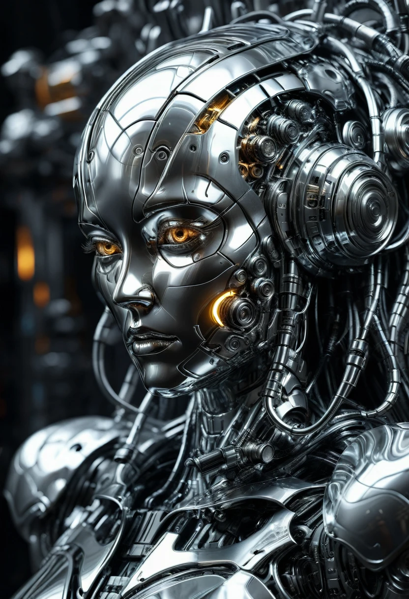 Liquid Metal, a liquid metal robot, detailed metallic texture, gears and machinery, industrial, futuristic, cyberpunk, silver, chrome, intricate details, best quality, 8k, photorealistic, cinematic lighting, advanced 3d render