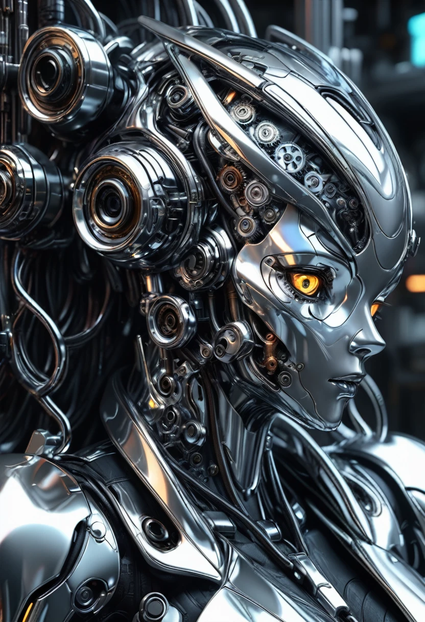 Liquid Metal, a liquid metal robot, detailed metallic texture, gears and machinery, industrial, futuristic, cyberpunk, silver, chrome, intricate details, best quality, 8k, photorealistic, cinematic lighting, advanced 3d render