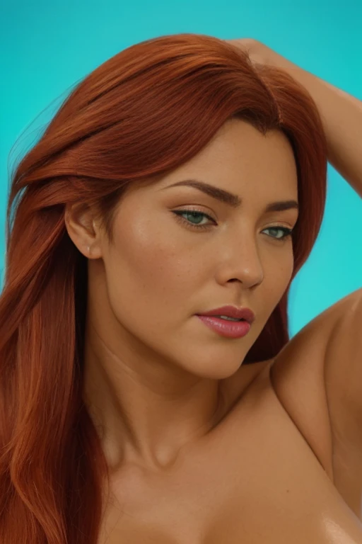 Artgerm (Stanley Lau) style, best quality, ultra realistic, 16k, crazy resolution, UHD, ultra-detailed, detailed eyes, detailed skin, detailed hair, detailed face, detailed fabric, detailed texture , (1 beautiful young woman, alone: 1.1), tall, a young girl, highlighted skin, realistic shading,  Brown skin, tanned skin, realistic hair, long (-scarlet-red) hair, red gradient tones hair, two-tone hair, high ponytail, seductive, sexy, (natural big breasts:1.2), (sideboob:1.2), jewelry, (turquoise eyes), cowboy shot, V-shaped green eyes, ((hourglass shape)), hot naked, (Blurred in vibrant cinematic light), warm atmosphere, Show all, ultra-detailed, fine details, nude, (proportional) big hips, thick thighs, tall, Natural Color Lip, face with expression of pleasure and tiredness , different sensual poses at different angles, futuristic retro bedroom with neon lights (blurred background)、20 years old、dream atmosphere 